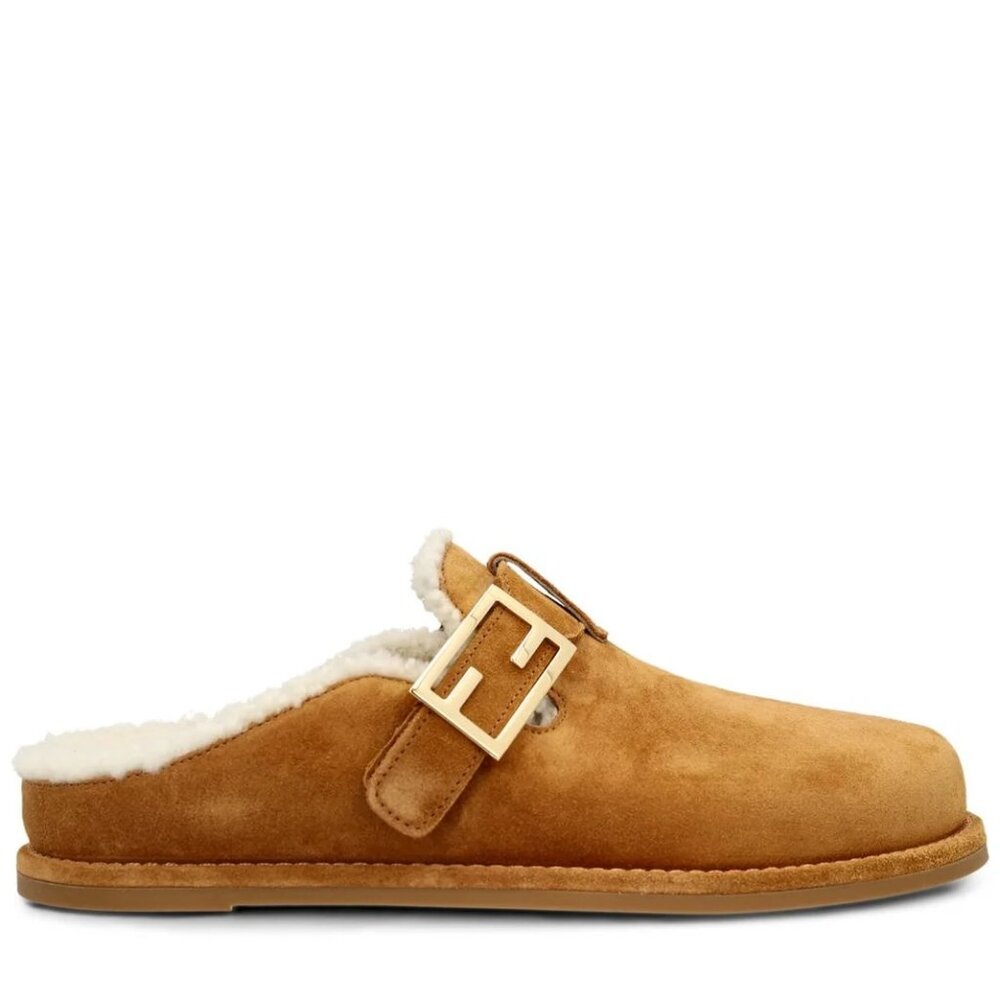 FENDI Feel FF Shearling Buckled Sabots Mules Slides Flat Clog Sandals - Picture 3 of 15